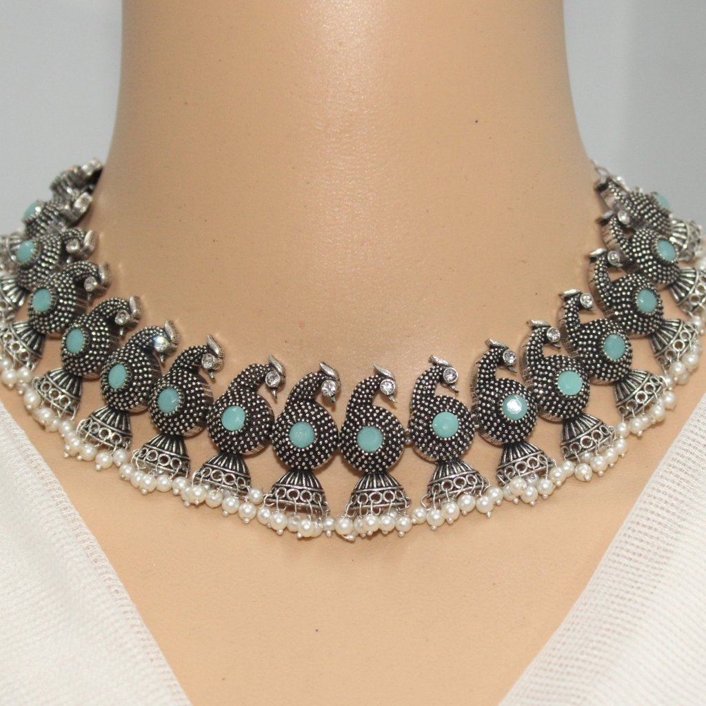 MAYURA STONE AND PEARL DROPS NECKLACE SET-MINT -Necklace set