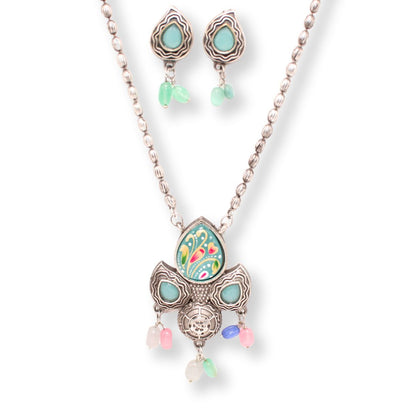 MEENAKARI AND STONE PENDANT SET-TURQUOISE -Charms & Pendants