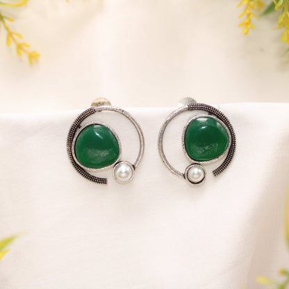 MONALISA STONE AND PEARL ROUND EARRING-GREEN -EARRING