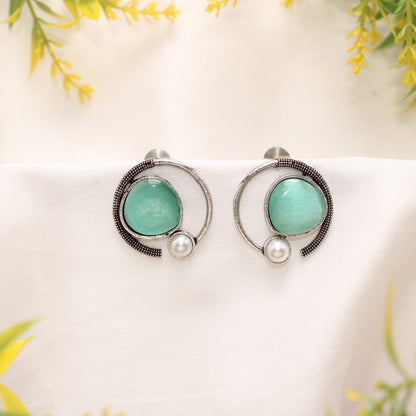 MONALISA STONE AND PEARL ROUND EARRING-MINT -EARRING