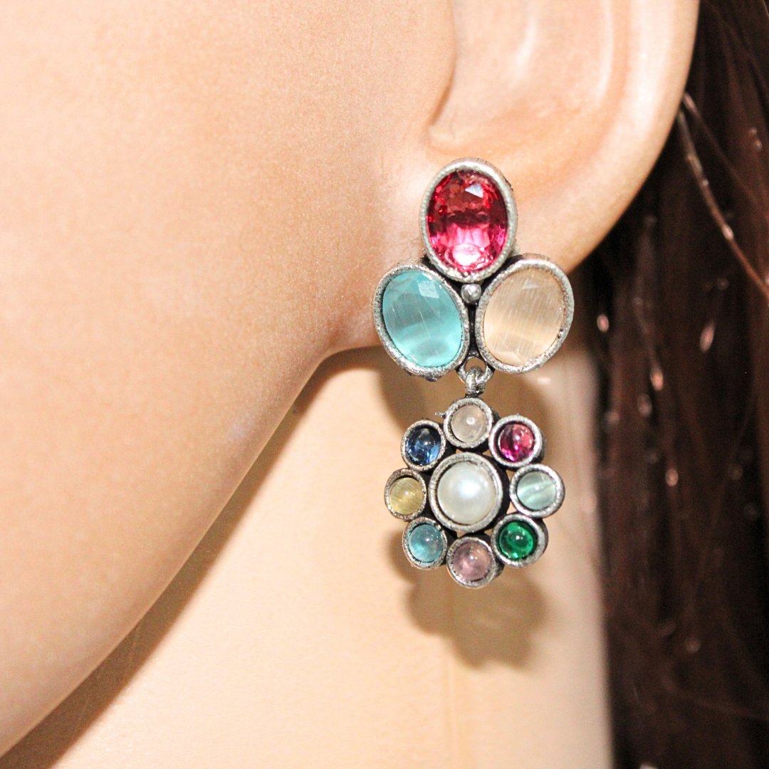 MULTI STONE STUD WITH DANGLE-MULTICOLOUR -EARRING