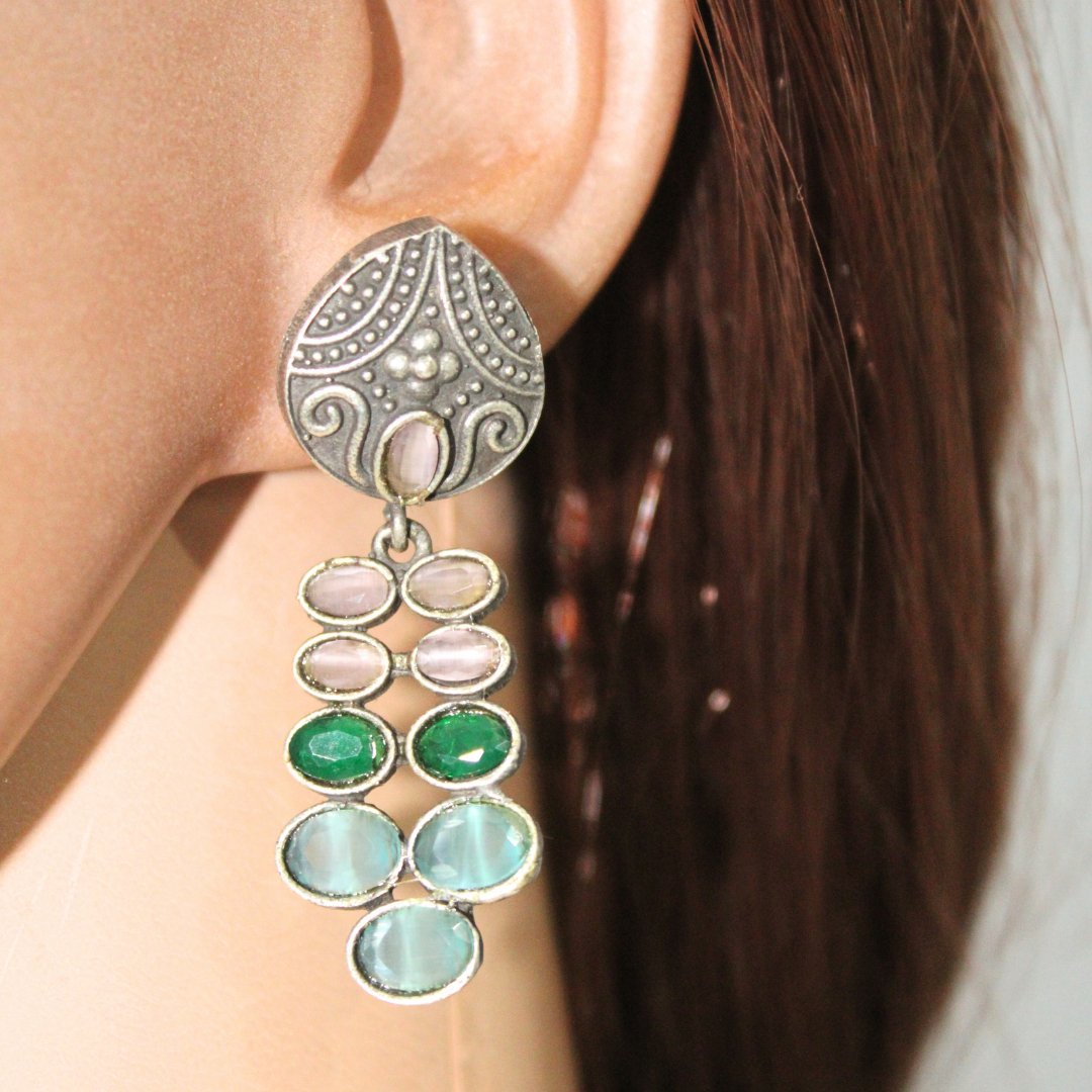 MULTIPLE STONES DANGLER- GREEN & PINK -Earrings