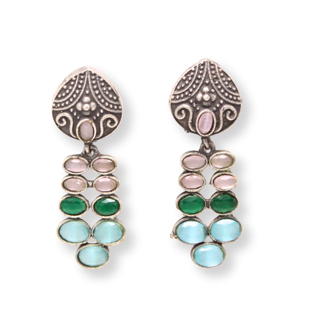 MULTIPLE STONES DANGLER- GREEN & PINK -Earrings