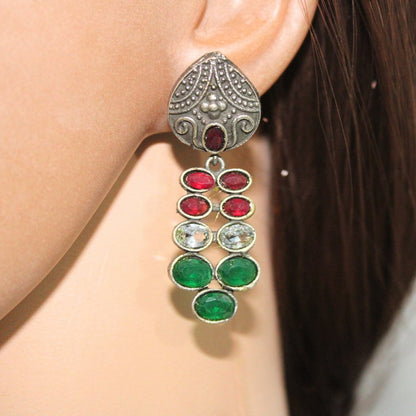 MULTIPLE STONES DANGLER- MAROON & GREEN -Earrings