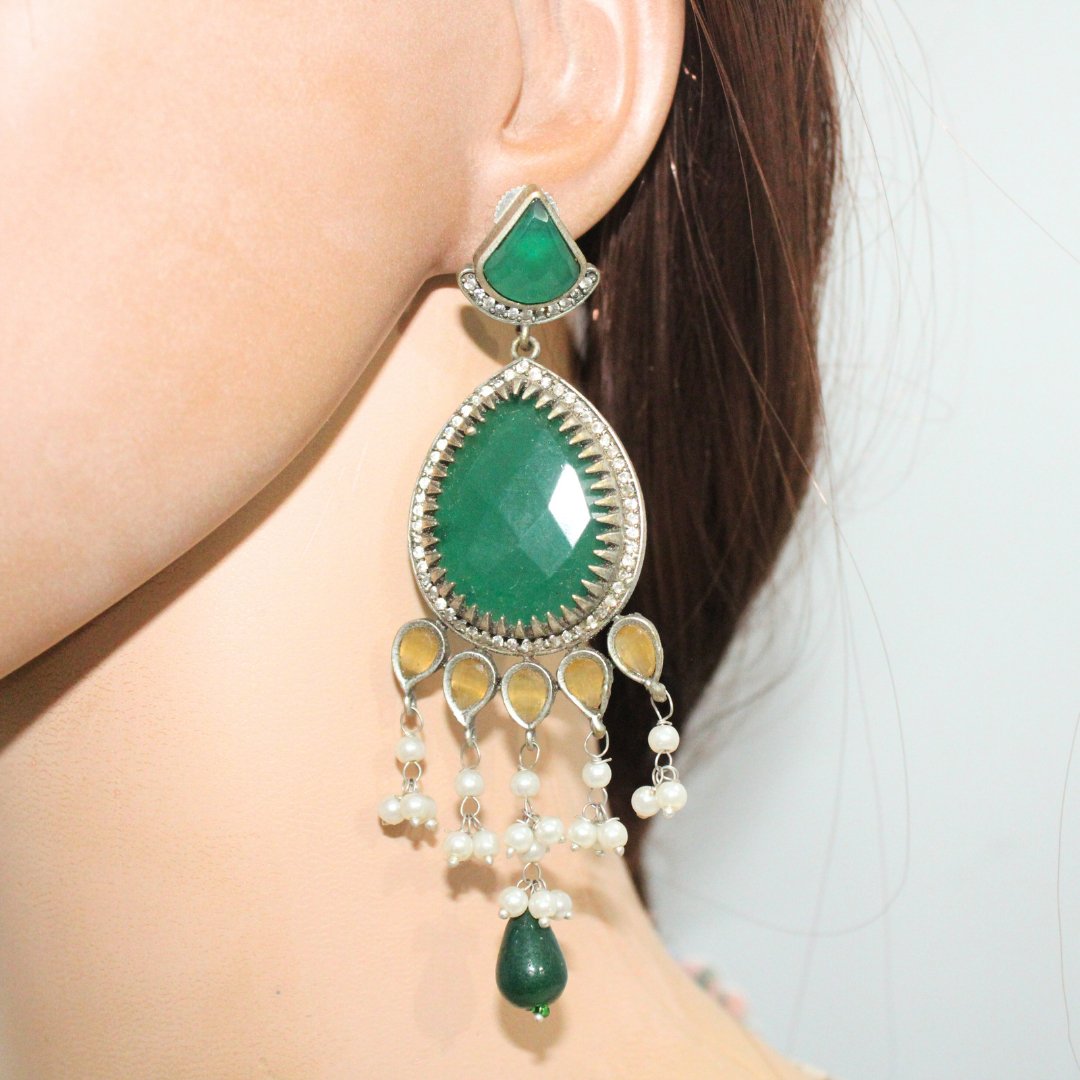 NAGINA CHANDBALI JHUMKA-GREEN & YELLOW -Earrings