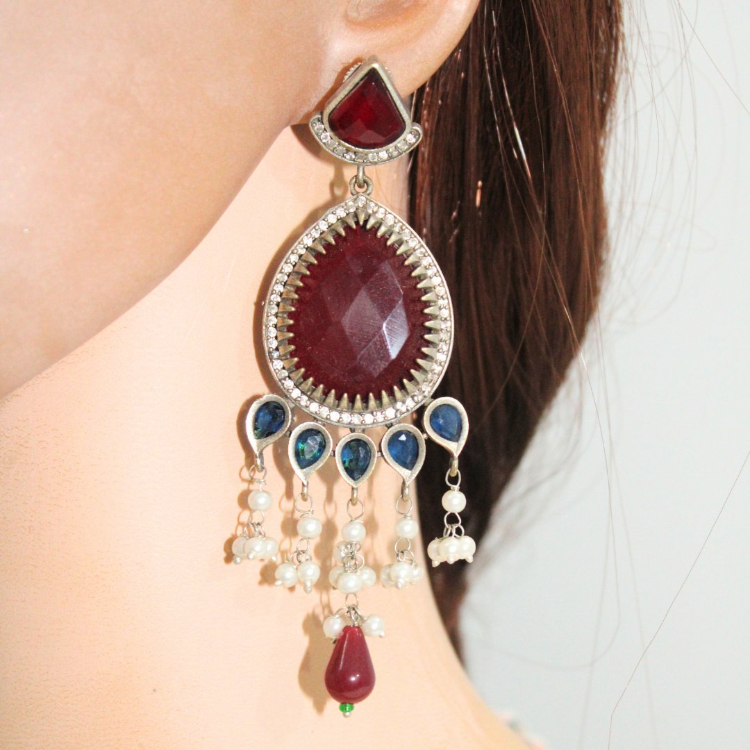 NAGINA CHANDBALI JHUMKA-MAROON & BLUE -Earrings