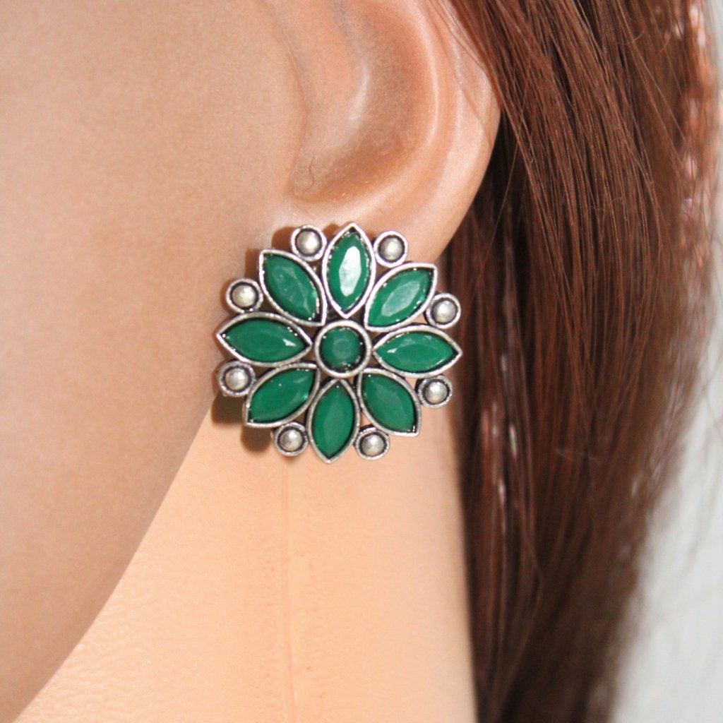 NAGINA FLOWER STUD -GREEN -EARRING