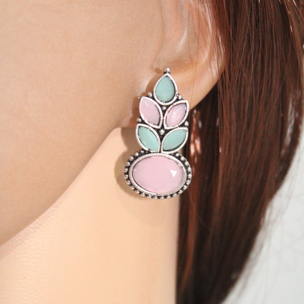 NAGINA LEAF STUD-SKY BLUE & PINK -EARRING