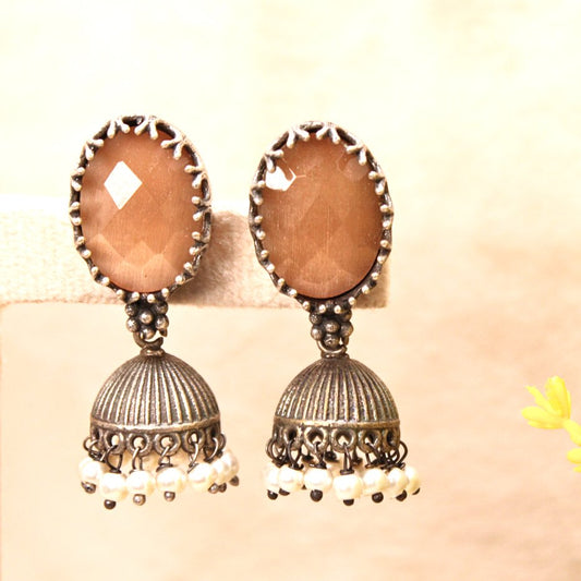 OXIDISED JHUMKA WITH BIG STONE AND PEARL || FASHION EARRING-LIGHT BROWN -EARRING