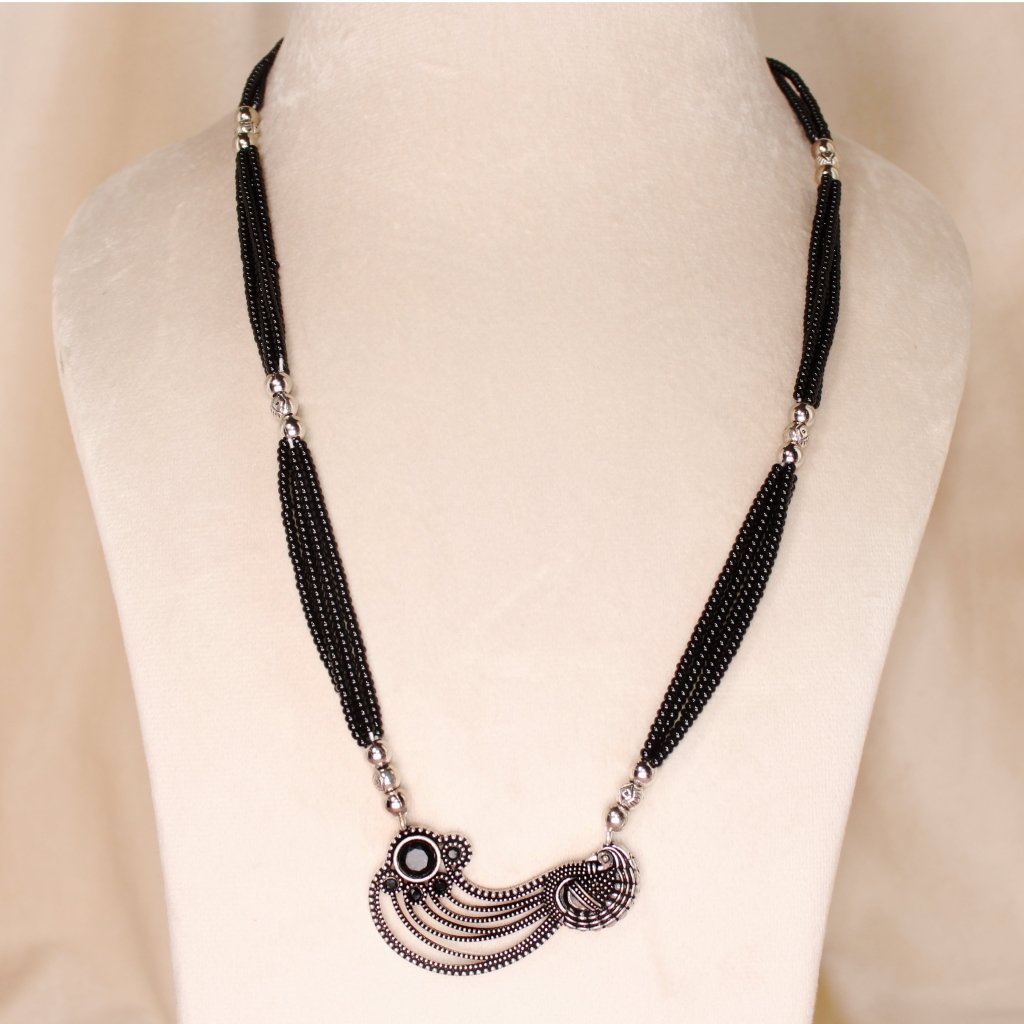 OXIDISED MANGALSUTRA- PEACOCK PATTERN-BLACK STONE -