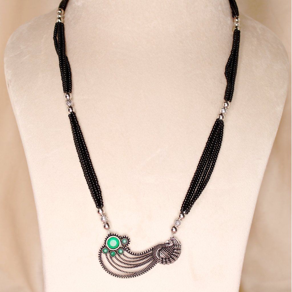 OXIDISED MANGALSUTRA- PEACOCK PATTERN-GREEN STONE -