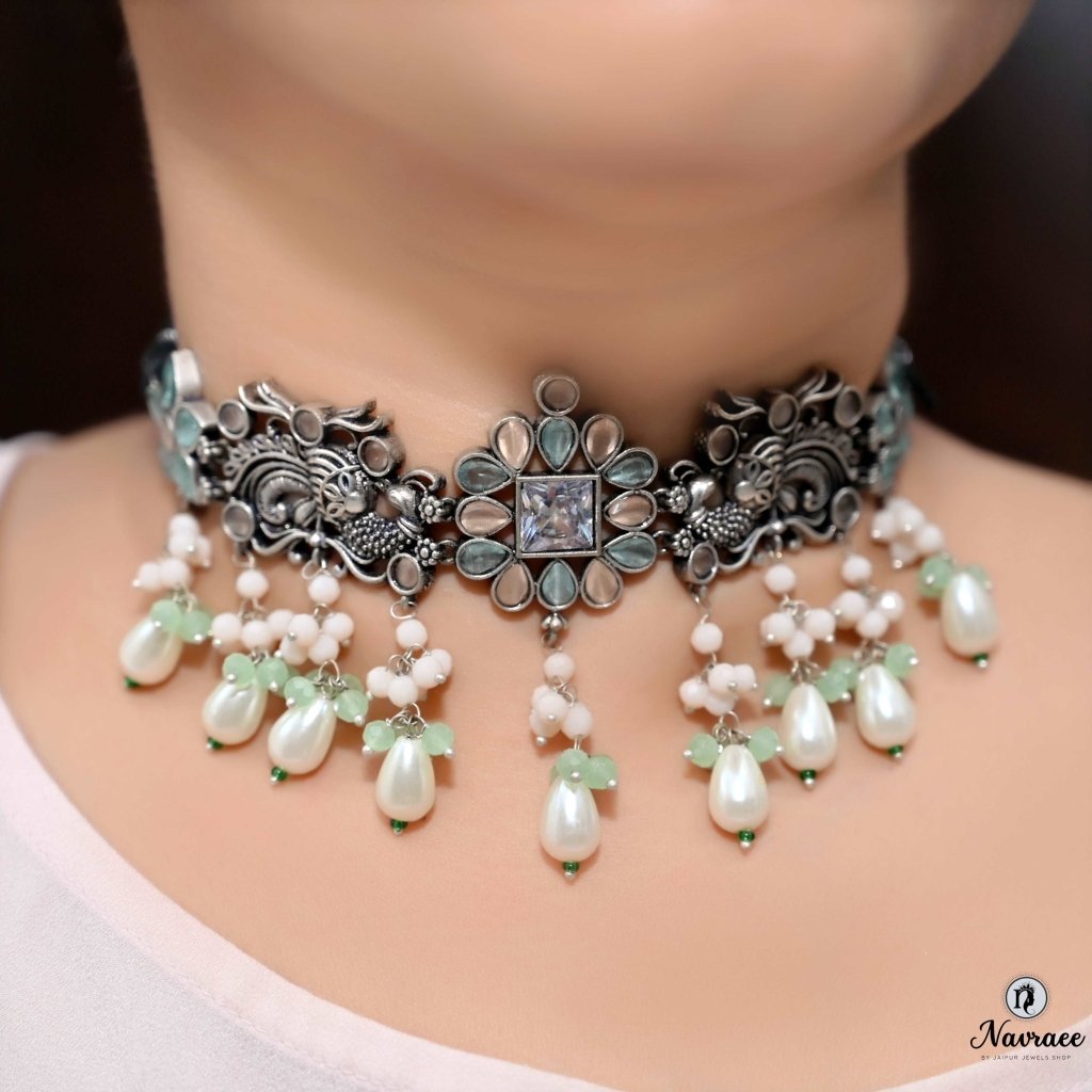 MAYURA NECKLACE SET- SEA GREEN & BEIGE -Necklaces