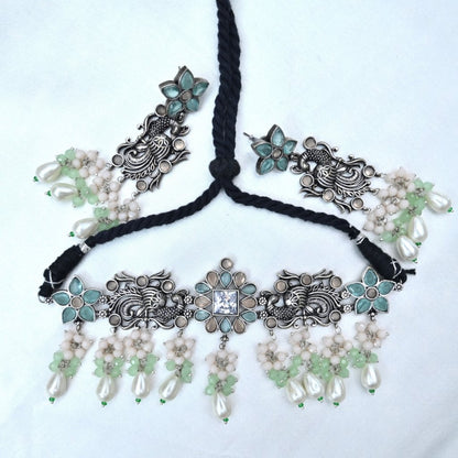 MAYURA NECKLACE SET- SEA GREEN & BEIGE -Necklaces