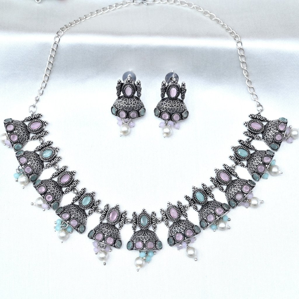 NAGINA TAJ NECKLACE SET- MINT & PINK -Necklaces