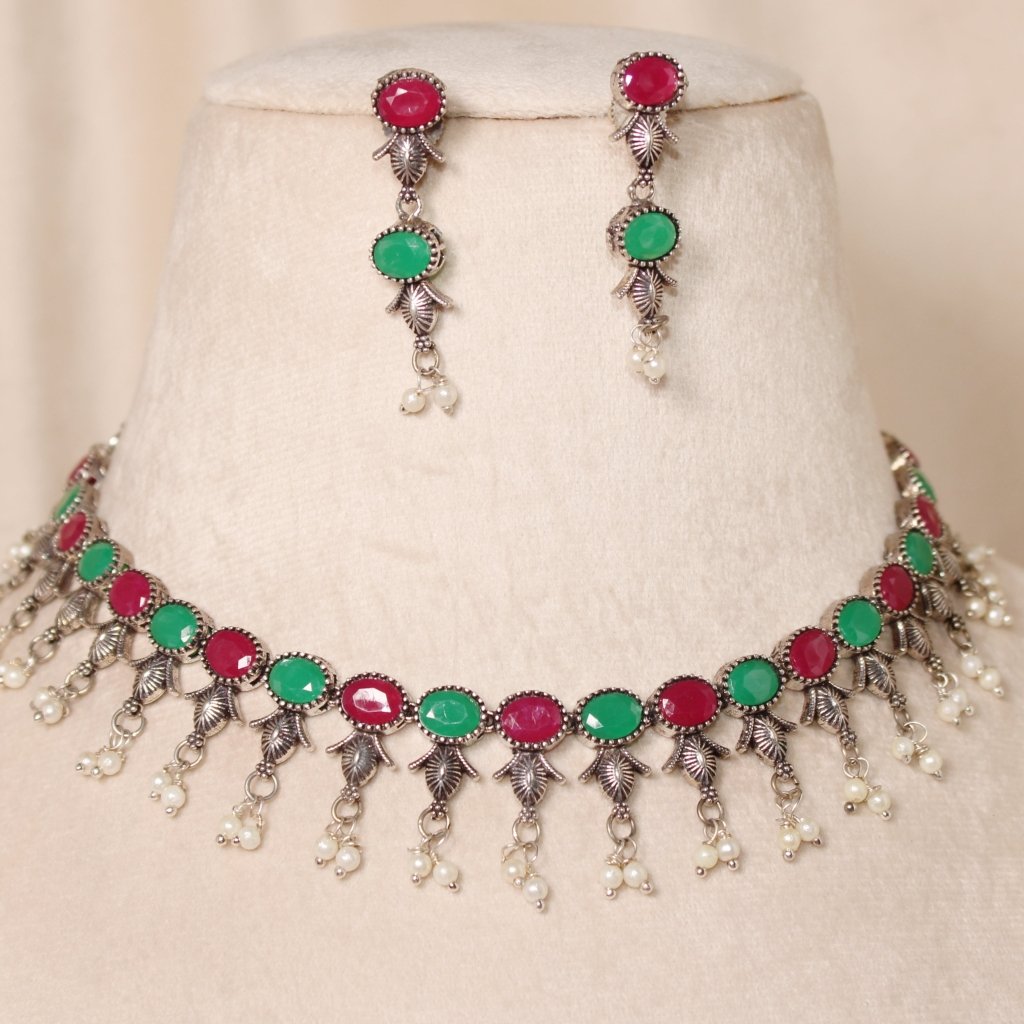 NAVRANG NECKLACE SET-MAGENTA & GREEN-OVAL -Necklaces