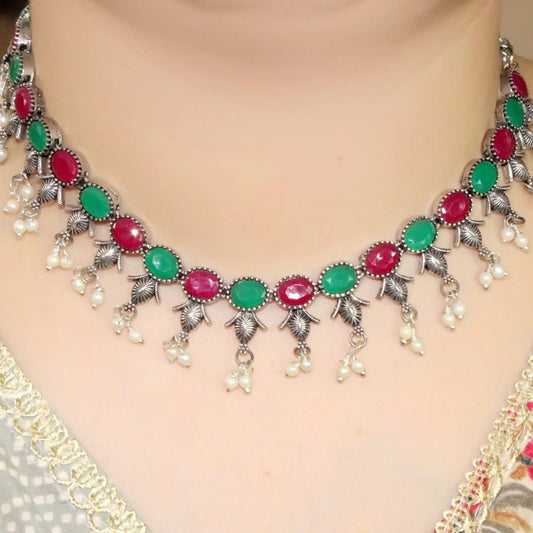 NAVRANG NECKLACE SET-MAGENTA & GREEN-OVAL -Necklaces