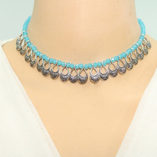 PARAS DROP PATTERN NECKLACE-SKY BLUE -Necklaces