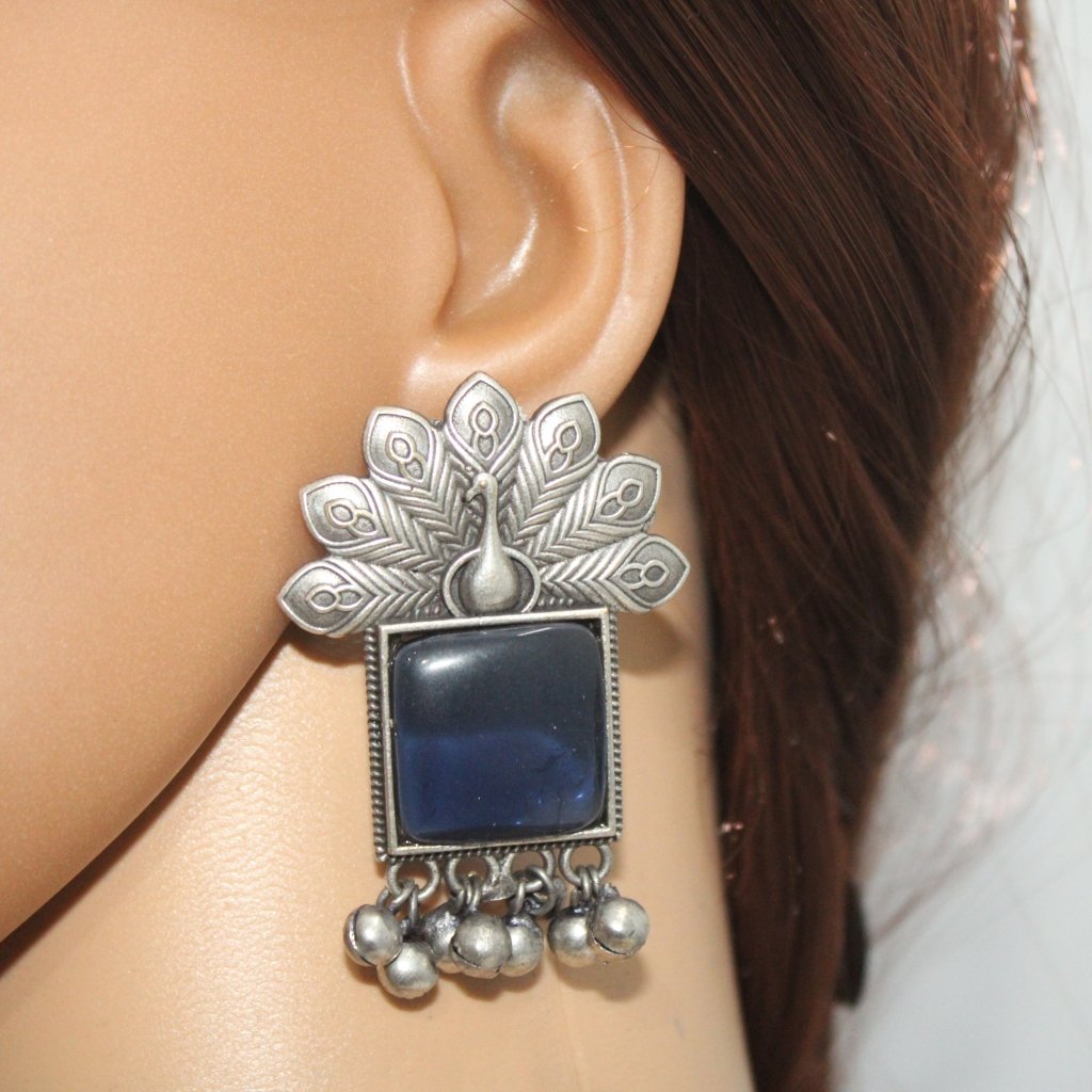 PEACKOCK PATTERN WITH SQUARE STONE & GHUNGROO STUDS-BLUE -EARRING