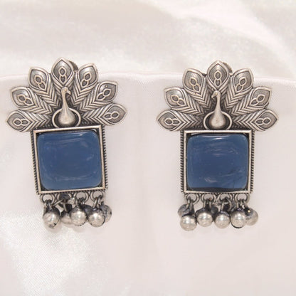 PEACKOCK PATTERN WITH SQUARE STONE & GHUNGROO STUDS-BLUE -EARRING