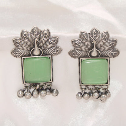 PEACKOCK PATTERN WITH SQUARE STONE & GHUNGROO STUDS-LIGHT GREEN -EARRING