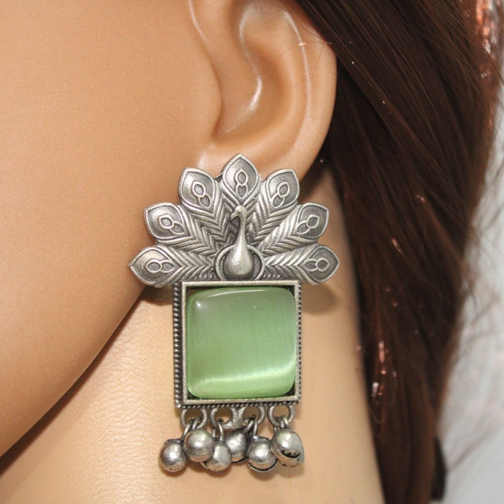 PEACKOCK PATTERN WITH SQUARE STONE & GHUNGROO STUDS-LIGHT GREEN -EARRING