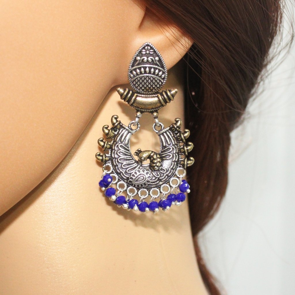 PEACOCK DUAL TONE JHUMKI-BLUE -EARRING