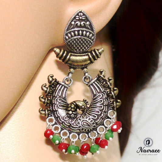 PEACOCK DUAL TONE JHUMKI-GREEN & RED -EARRING