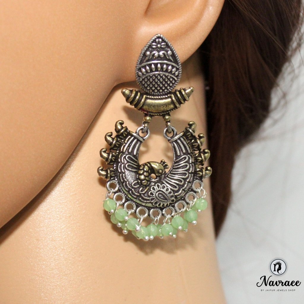 PEACOCK DUAL TONE JHUMKI-LIGHT GREEN -EARRING