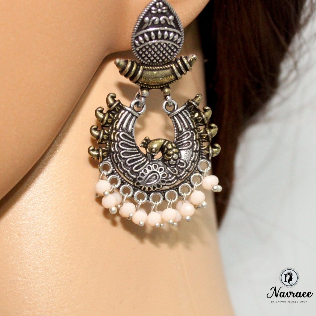 PEACOCK DUAL TONE JHUMKI-PEACH -EARRING