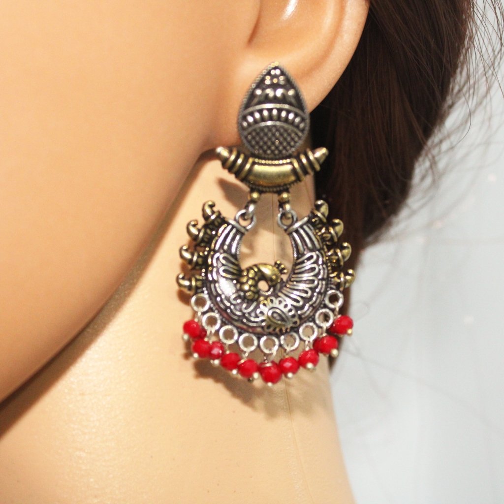 PEACOCK DUAL TONE JHUMKI-RED -EARRING