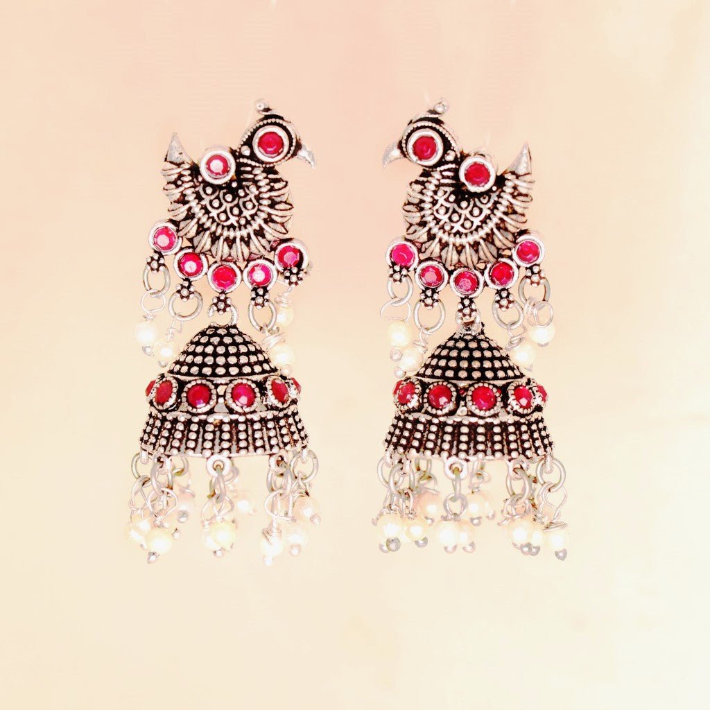 PEACOCK JHUMKI -RED -Earrings