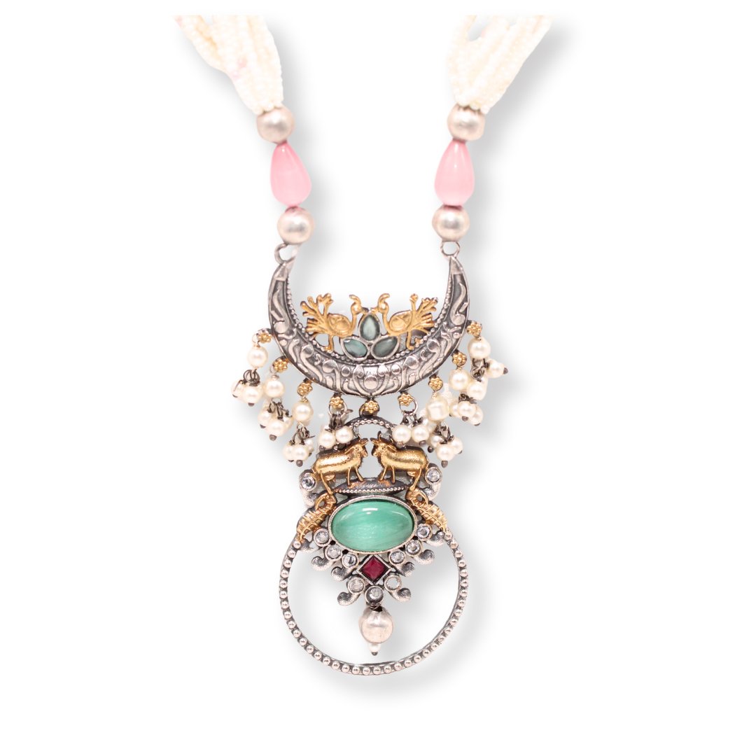 PEACOCK & NANDI DUAL TONE FUSION PENDANT SET-PINK & TURQUOISE -Charms & Pendants