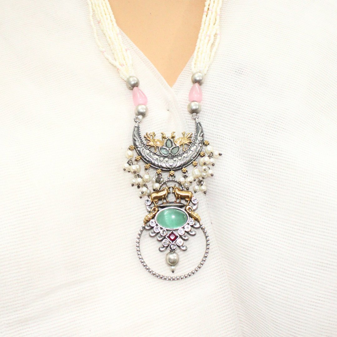 PEACOCK & NANDI DUAL TONE FUSION PENDANT SET-PINK & TURQUOISE -Charms & Pendants