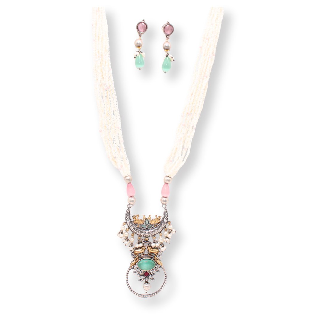 PEACOCK & NANDI DUAL TONE FUSION PENDANT SET-PINK & TURQUOISE -Charms & Pendants