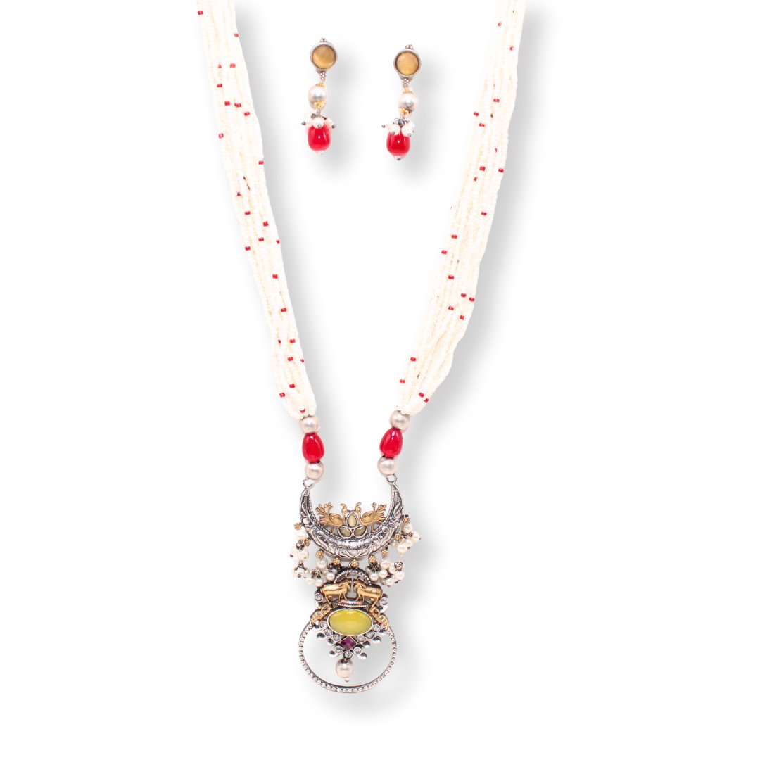 PEACOCK & NANDI DUAL TONE FUSION PENDANT SET-YELLOW & RED -Charms & Pendants