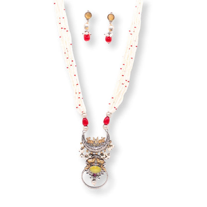 PEACOCK & NANDI DUAL TONE FUSION PENDANT SET-YELLOW & RED -Charms & Pendants