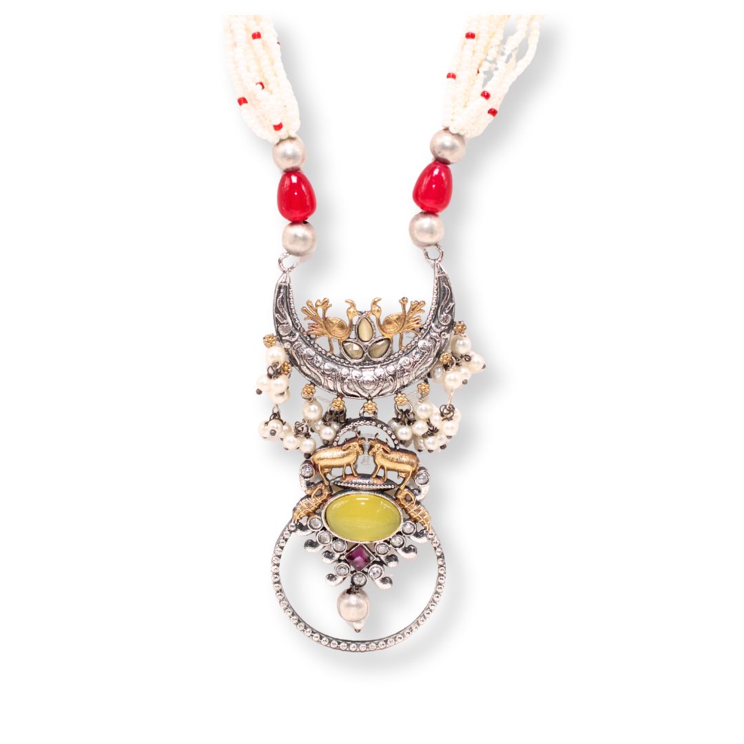 PEACOCK & NANDI DUAL TONE FUSION PENDANT SET-YELLOW & RED -Charms & Pendants