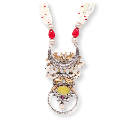 PEACOCK & NANDI DUAL TONE FUSION PENDANT SET-YELLOW & RED -Charms & Pendants