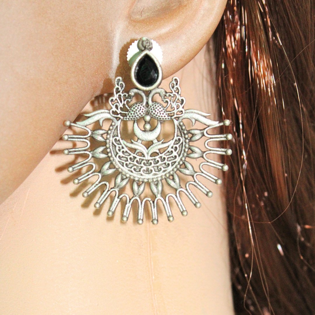 PEACOCK PAIR WITH OPEN PANKH EARRING-BLACK -EARRING