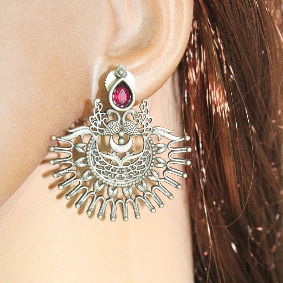 PEACOCK PAIR WITH OPEN PANKH EARRING-RED -EARRING