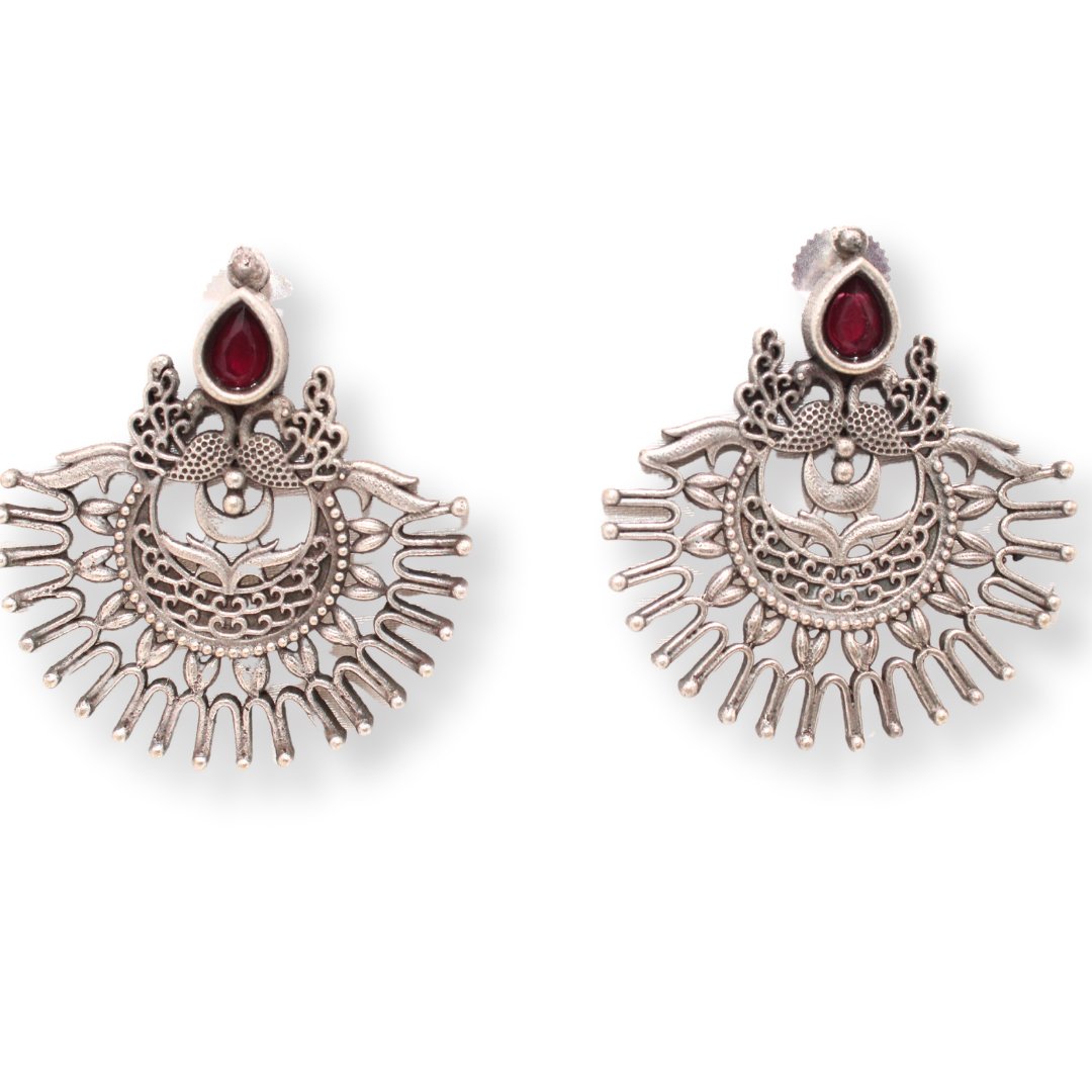 PEACOCK PAIR WITH OPEN PANKH EARRING-RED -EARRING