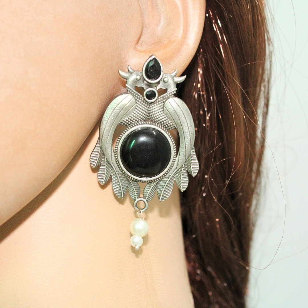 PEACOCK PAIR WITH ROUND STONE EARRING-BLACK -EARRING