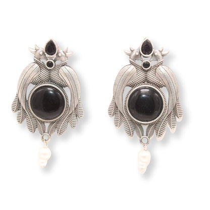 PEACOCK PAIR WITH ROUND STONE EARRING-BLACK -EARRING