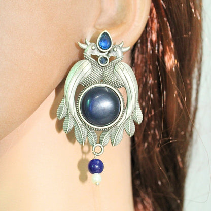 PEACOCK PAIR WITH ROUND STONE EARRING-BLUE -EARRING