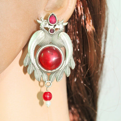 PEACOCK PAIR WITH ROUND STONE EARRING-RED -EARRING