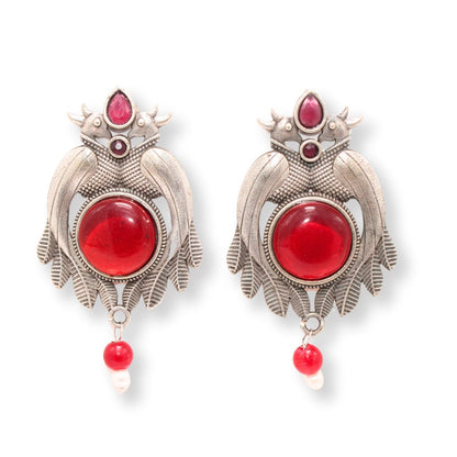 PEACOCK PAIR WITH ROUND STONE EARRING-RED -EARRING