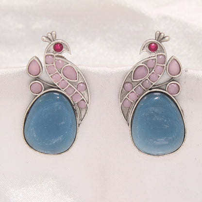 PEACOCK WITH A BIG STONE STUDS-PINK& BLUE -EARRING