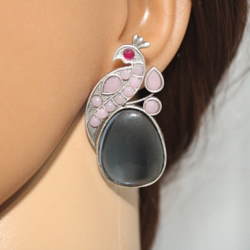 PEACOCK WITH A BIG STONE STUDS-PINK& BLUE -EARRING