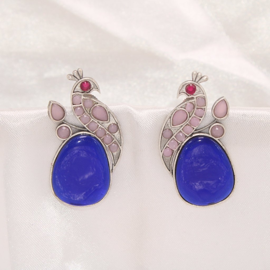 PEACOCK WITH A BIG STONE STUDS-ROYAL BLUE & PINK -EARRING