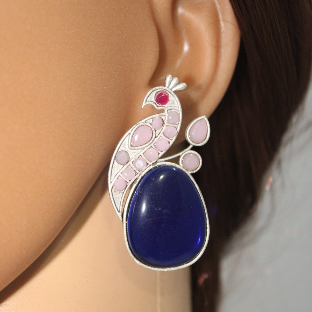 PEACOCK WITH A BIG STONE STUDS-ROYAL BLUE & PINK -EARRING